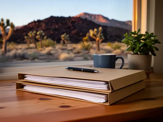 Closed kraft folders with a pen on a pine desk by a window onto Joshua trees and volcanic hills.