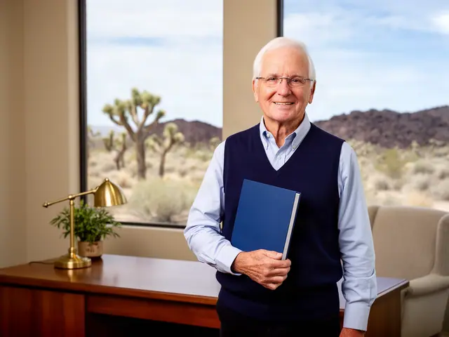 A smiling white-haired accountant in a navy vest holding a blue folder in his office.