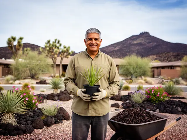 A smiling landscaper holds a potted yucca in a new desert garden of gravel, volcanic boulders and flowers.
